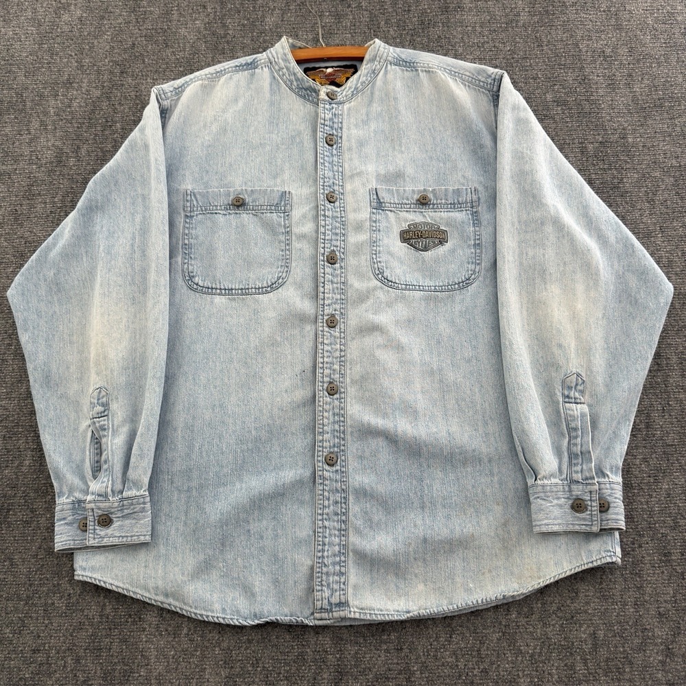Vintage Harley Davidson Band Collar Denim Shirt Mens Large Light Wash Biker